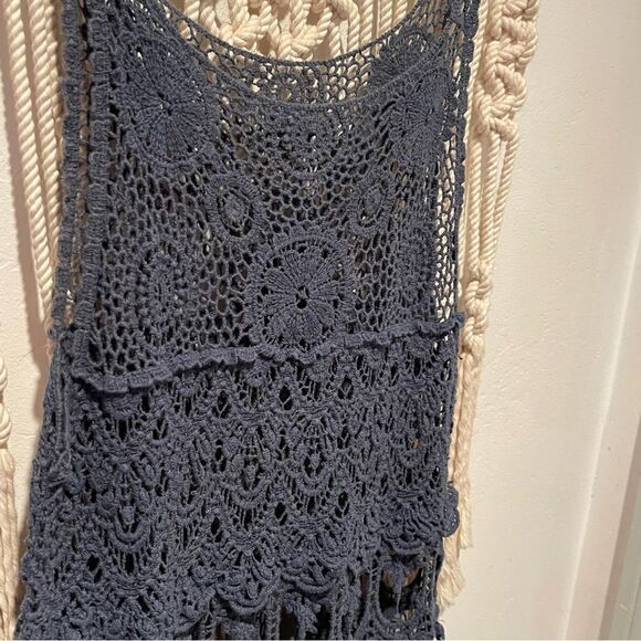 Crochet Tank Top SZ SM Blue Open Knit Festival Boho Indie Hippie Swim Cover Up - Picture 2 of 7